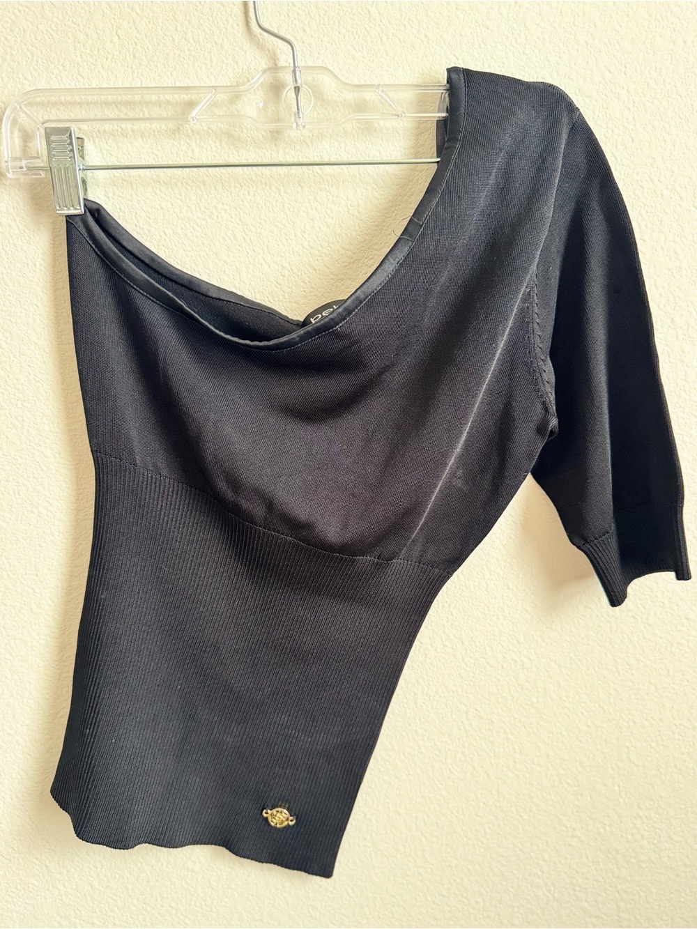 Bebe Asymmetrical One-Shoulder Top M, Black Knit with Satin Neckline